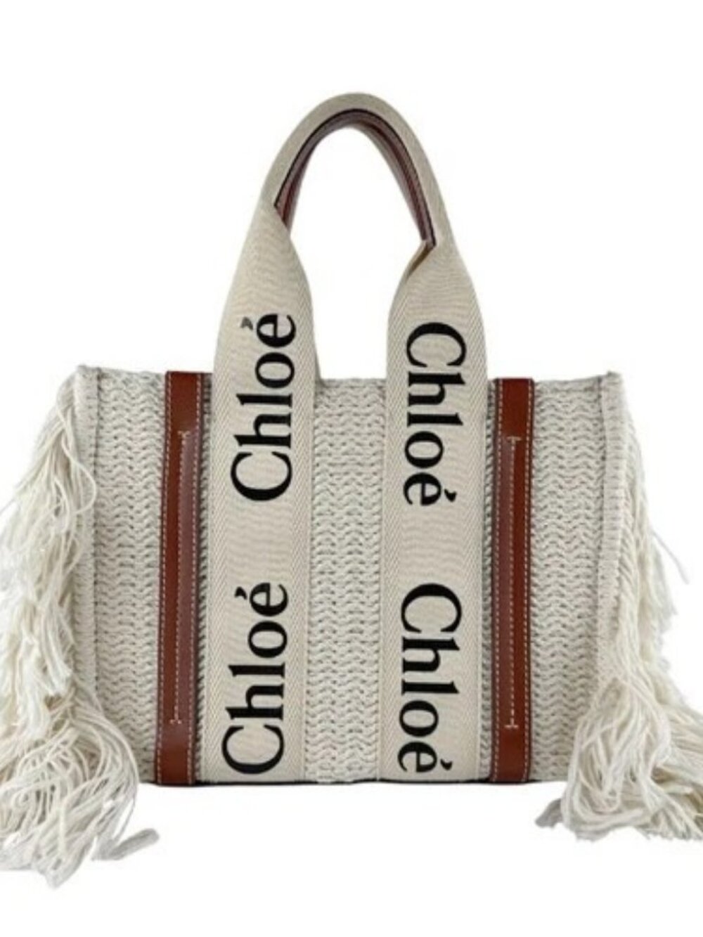 Auth Chloe Woody Small Handbag Shoulder Bag Off White/Brown Cotton/Leather z9694